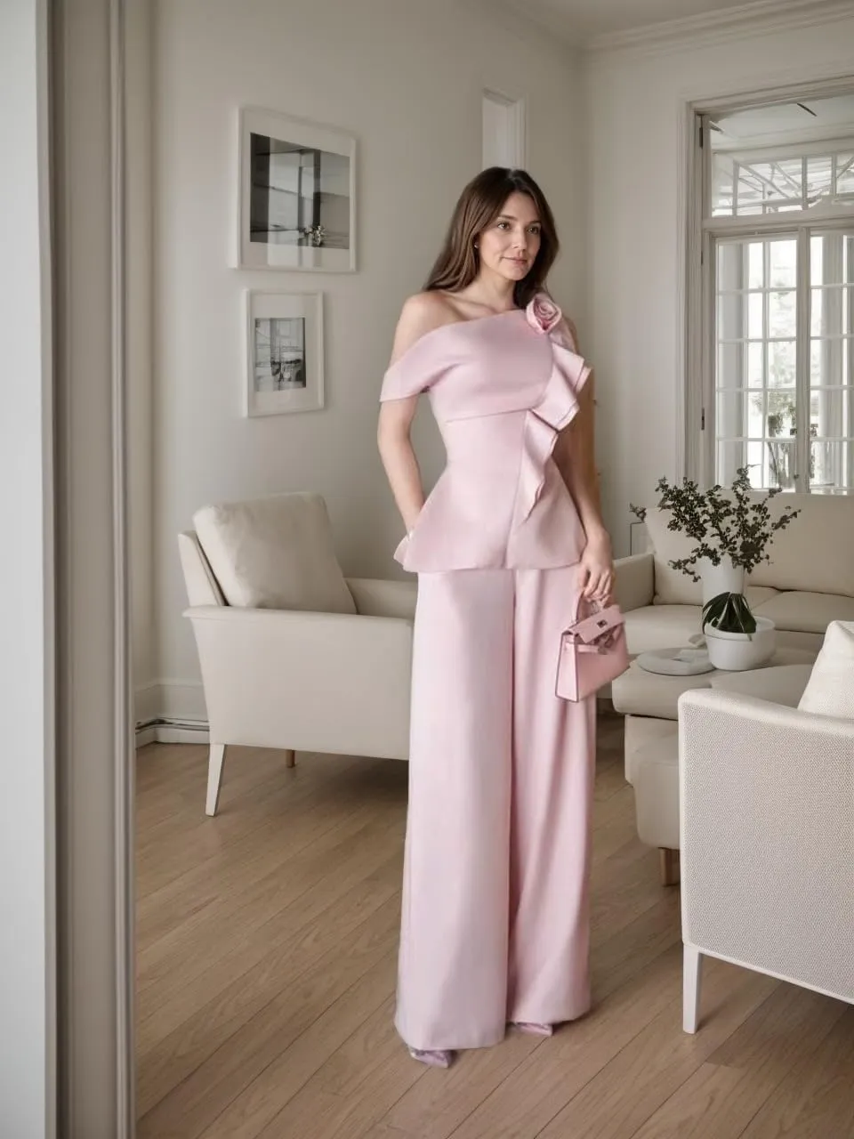 2 Pieces Mother of The Bride Pant Suits 2025 One Shoulder Satin Mother of The Groom Dresses LU132