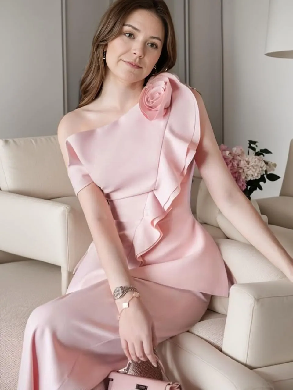 2 Pieces Mother of The Bride Pant Suits 2025 One Shoulder Satin Mother of The Groom Dresses LU132