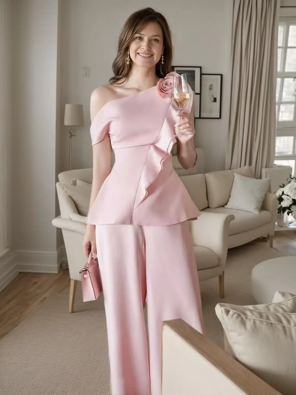 2 Pieces Mother of The Bride Pant Suits 2025 One Shoulder Satin Mother of The Groom Dresses LU132