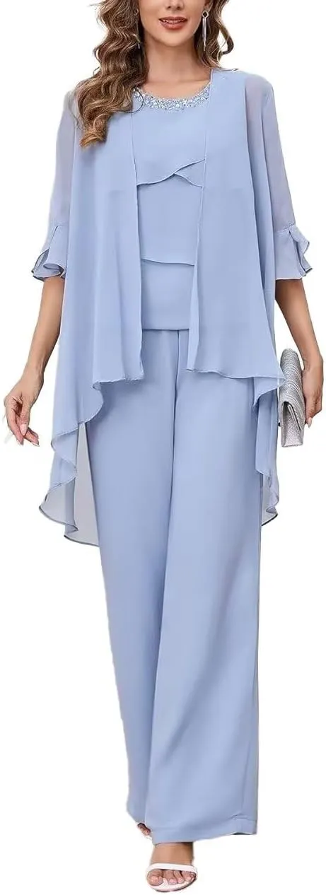 3 Piece Mother of The Bride Pant Suits with Jacket Chiffon Formal Wedding Guest Outfit for Women Dressy