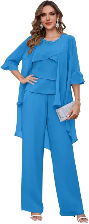 3 Piece Mother of The Bride Pant Suits with Jacket Chiffon Formal Wedding Guest Outfit for Women Dressy