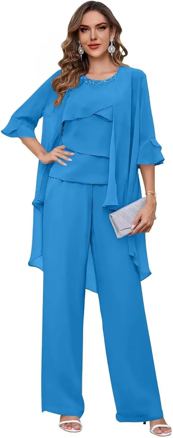 3 Piece Mother of The Bride Pant Suits with Jacket Chiffon Formal Wedding Guest Outfit for Women Dressy