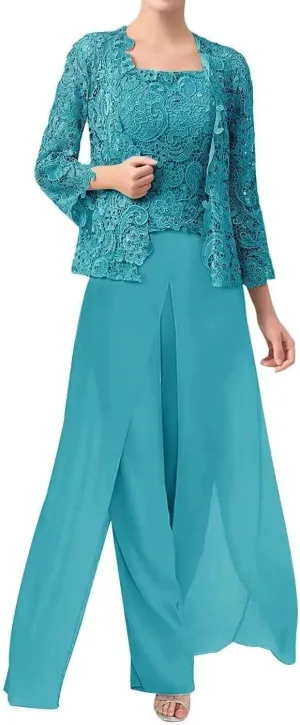 3 Pieces Mother of The Bride Pants Suits Formal Dress Lace Appliques Evening Gowns for Women with Jacket