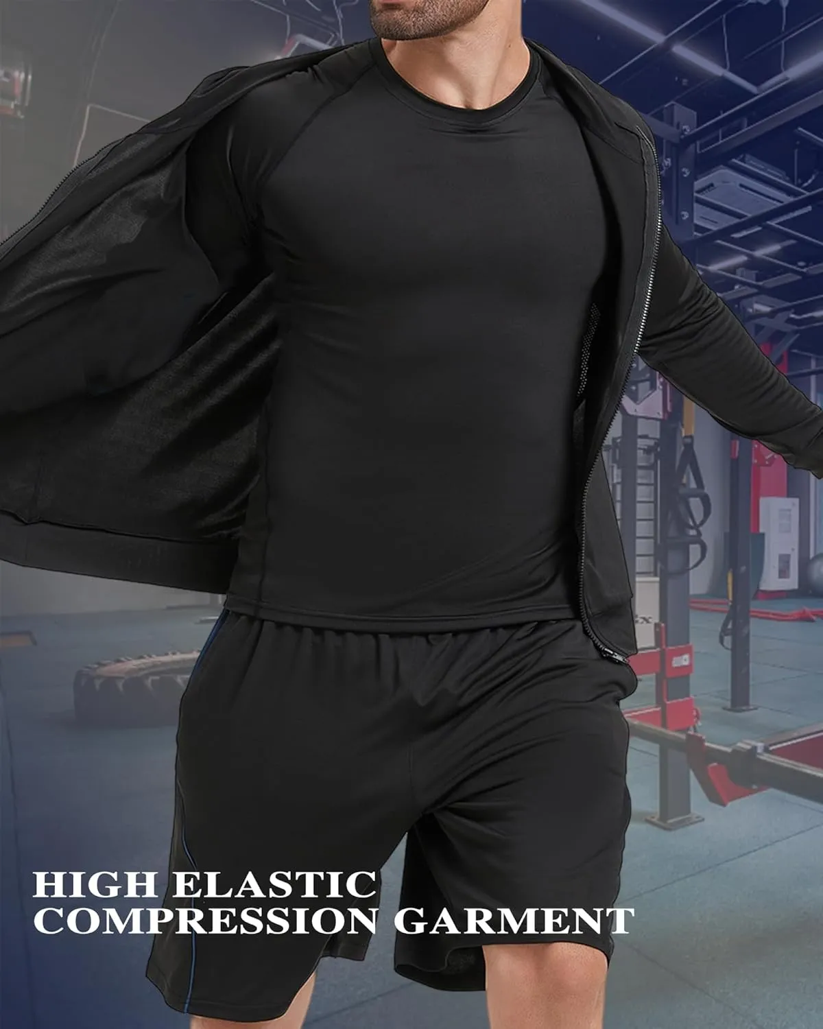 5Pcs Men Compression Workout Set,Compression Pants Shirt Top Long Sleeve Jacket for Gym,Men Athletic Baselayer Sets