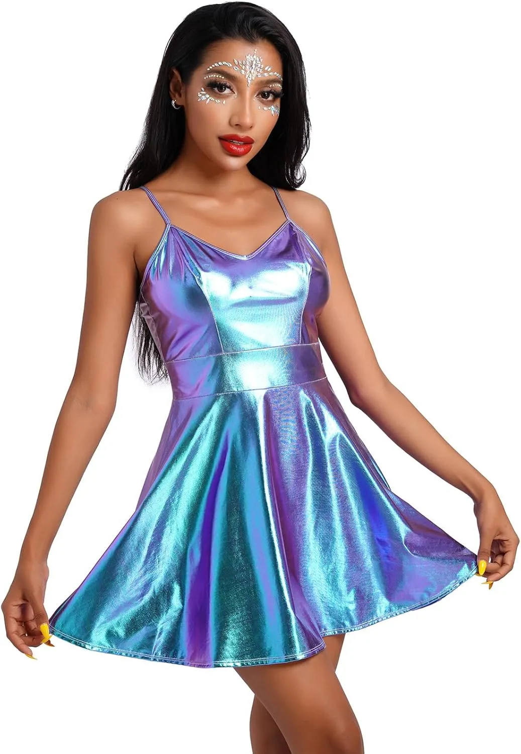 ABAFIP Women Shiny Holographic Sleeveless V-Neck High Waist Rave Disco Dance Party Music Festival Dress 70s Outfit