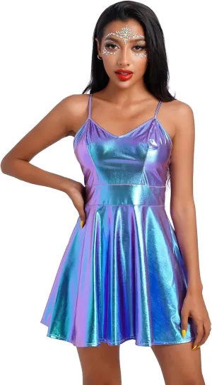 ABAFIP Women Shiny Holographic Sleeveless V-Neck High Waist Rave Disco Dance Party Music Festival Dress 70s Outfit