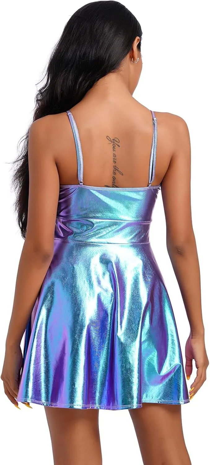 ABAFIP Women Shiny Holographic Sleeveless V-Neck High Waist Rave Disco Dance Party Music Festival Dress 70s Outfit