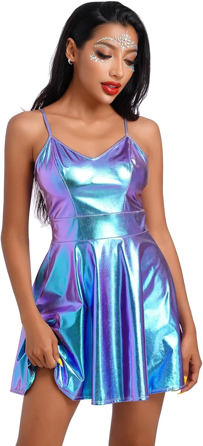 ABAFIP Women Shiny Holographic Sleeveless V-Neck High Waist Rave Disco Dance Party Music Festival Dress 70s Outfit
