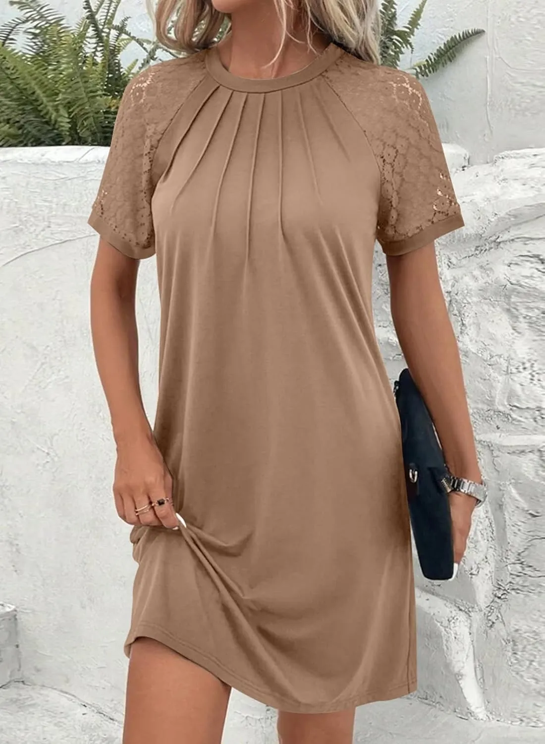 Acelitt Women Casual Summer Crewneck Short Sleeve Lace Pleated Mini Dress,S-XXL