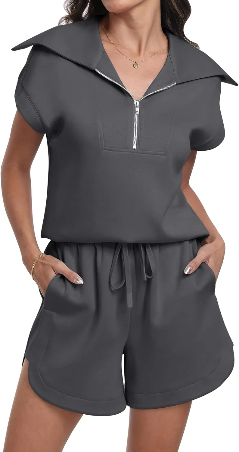 ANRABESS Two Piece Sets for Women Summer Half Zip Short Set Sweatsuit 2 Piece Outfits Sweat Lounge Sets Tracksuit