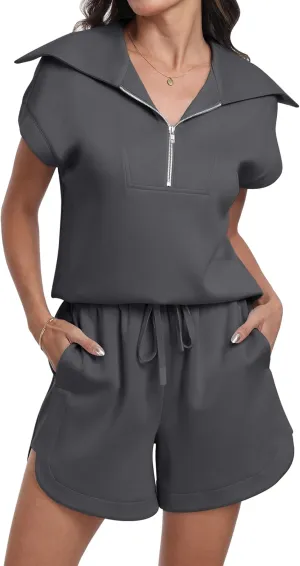 ANRABESS Two Piece Sets for Women Summer Half Zip Short Set Sweatsuit 2 Piece Outfits Sweat Lounge Sets Tracksuit