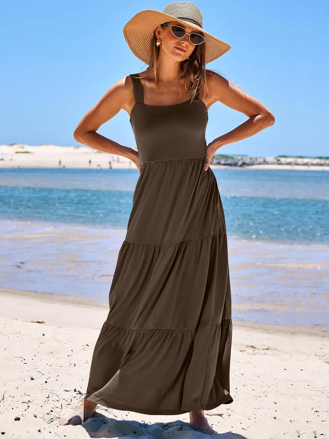 ANRABESS Women's Summer Casual Long Maxi Beach Vacation Dresses Sleeveless Square Neck Flowy Tiered Sun Dress with Pockets