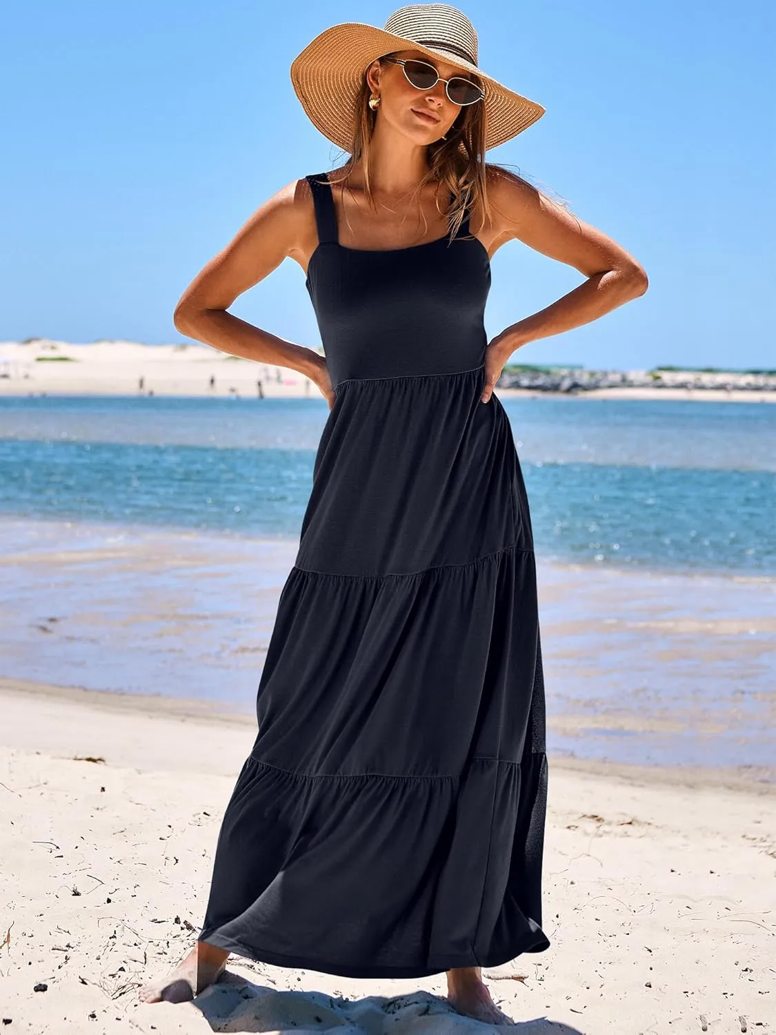ANRABESS Women's Summer Casual Long Maxi Beach Vacation Dresses Sleeveless Square Neck Flowy Tiered Sun Dress with Pockets