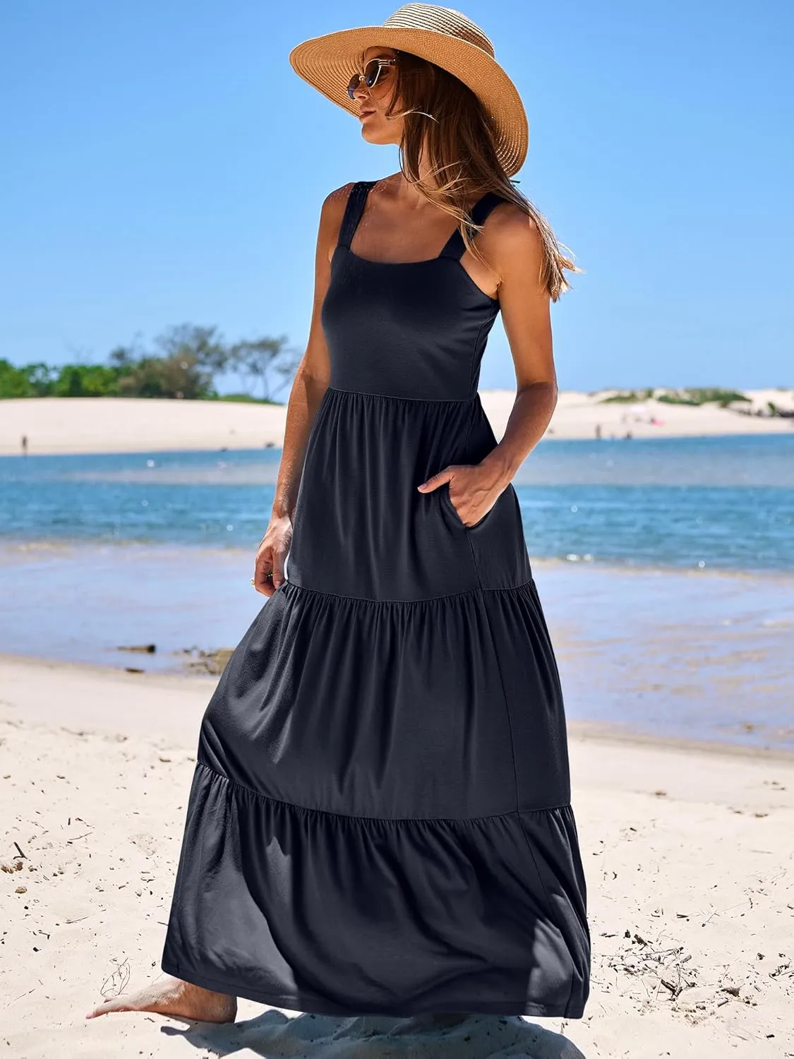 ANRABESS Women's Summer Casual Long Maxi Beach Vacation Dresses Sleeveless Square Neck Flowy Tiered Sun Dress with Pockets
