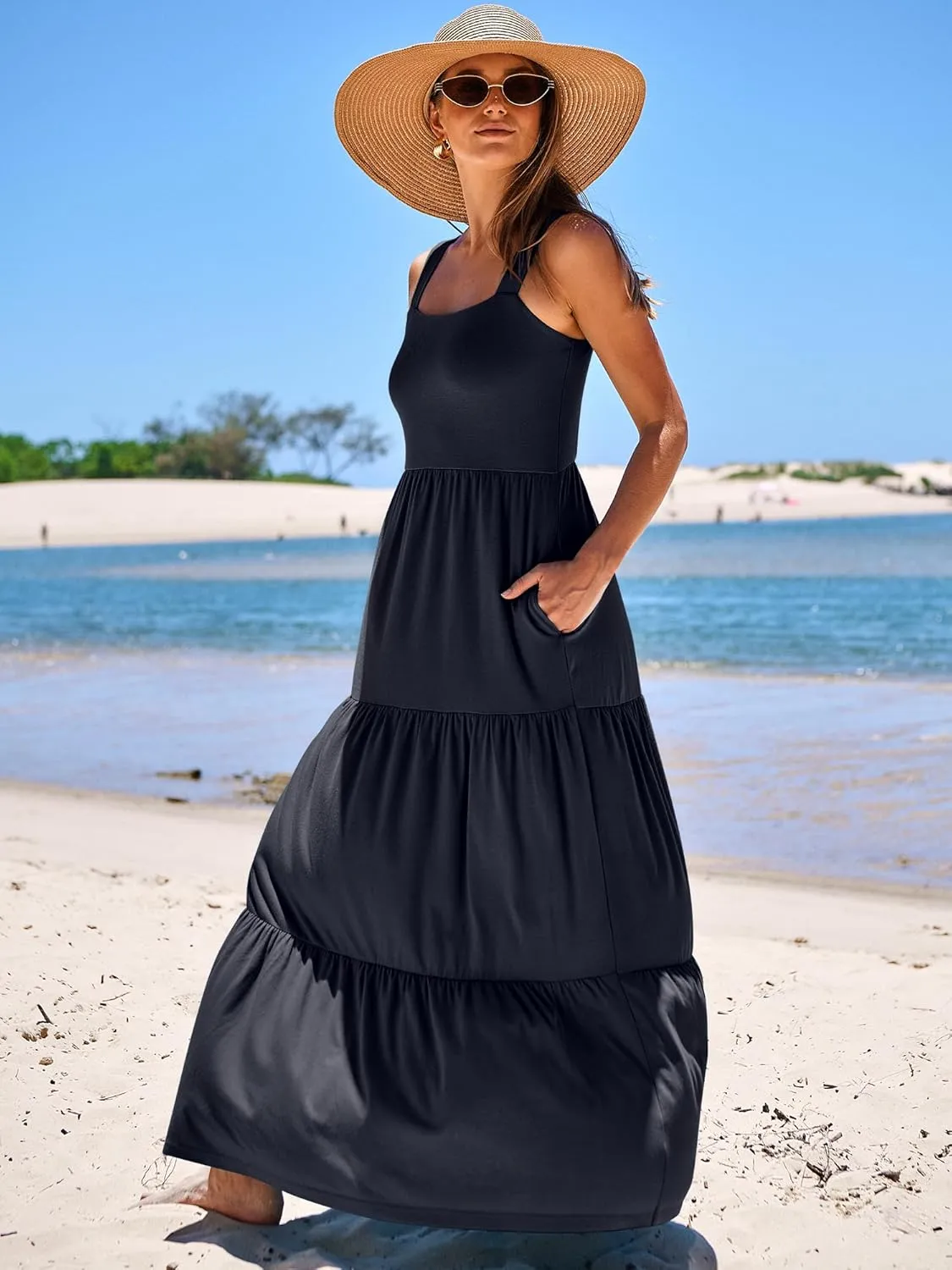 ANRABESS Women's Summer Casual Long Maxi Beach Vacation Dresses Sleeveless Square Neck Flowy Tiered Sun Dress with Pockets