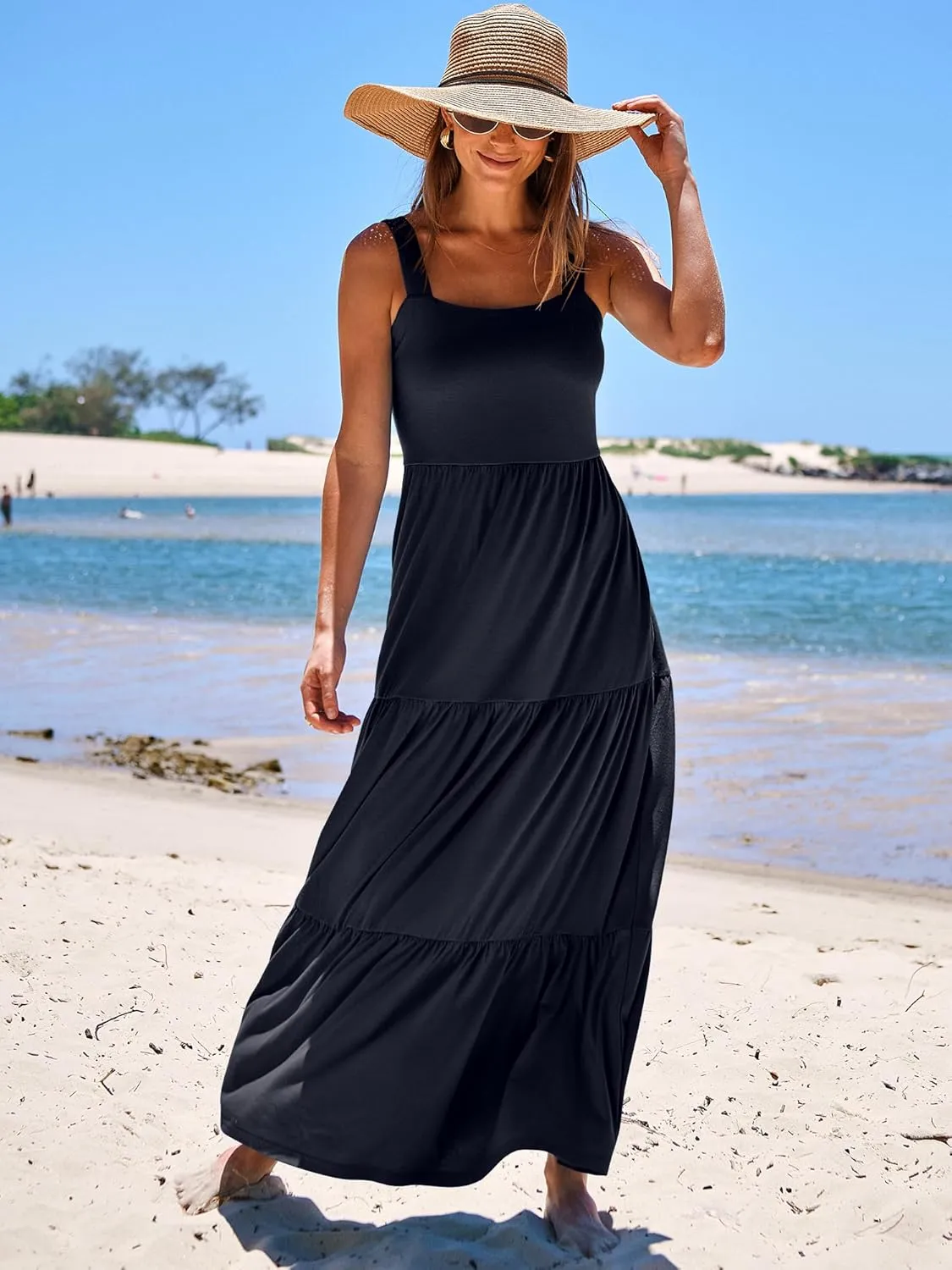 ANRABESS Women's Summer Casual Long Maxi Beach Vacation Dresses Sleeveless Square Neck Flowy Tiered Sun Dress with Pockets