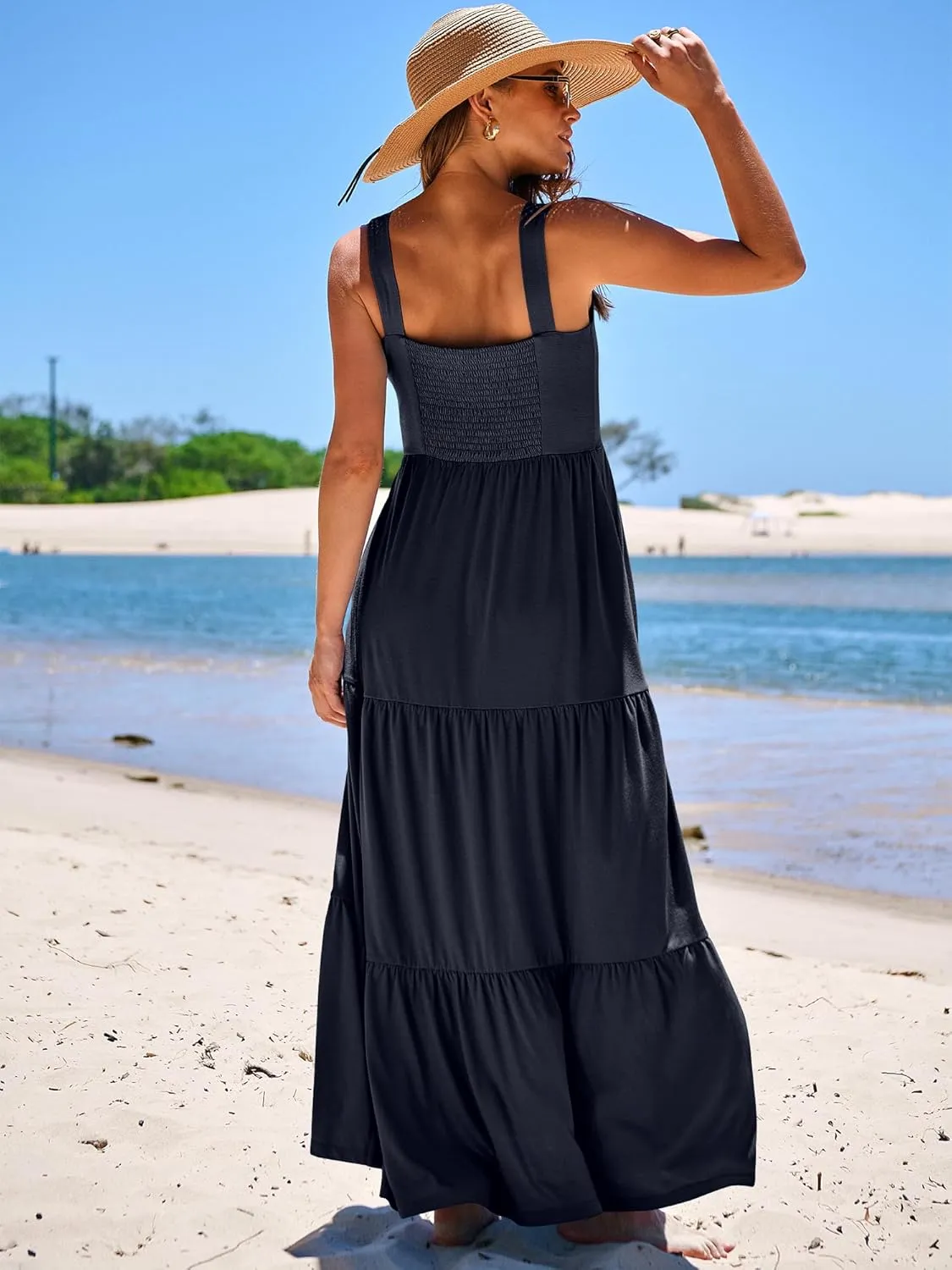 ANRABESS Women's Summer Casual Long Maxi Beach Vacation Dresses Sleeveless Square Neck Flowy Tiered Sun Dress with Pockets
