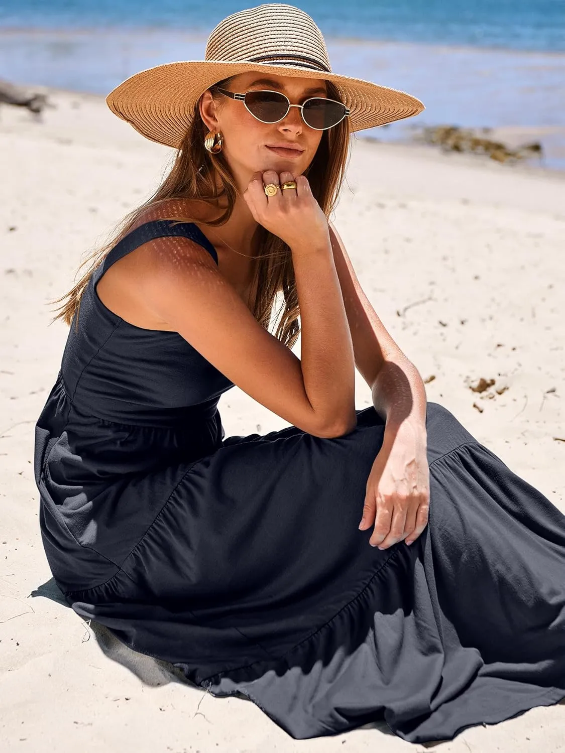 ANRABESS Women's Summer Casual Long Maxi Beach Vacation Dresses Sleeveless Square Neck Flowy Tiered Sun Dress with Pockets