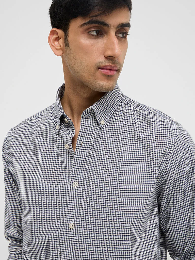 Ascot Navy Houndstooth Print Relaxed-Fit Cotton Shirt