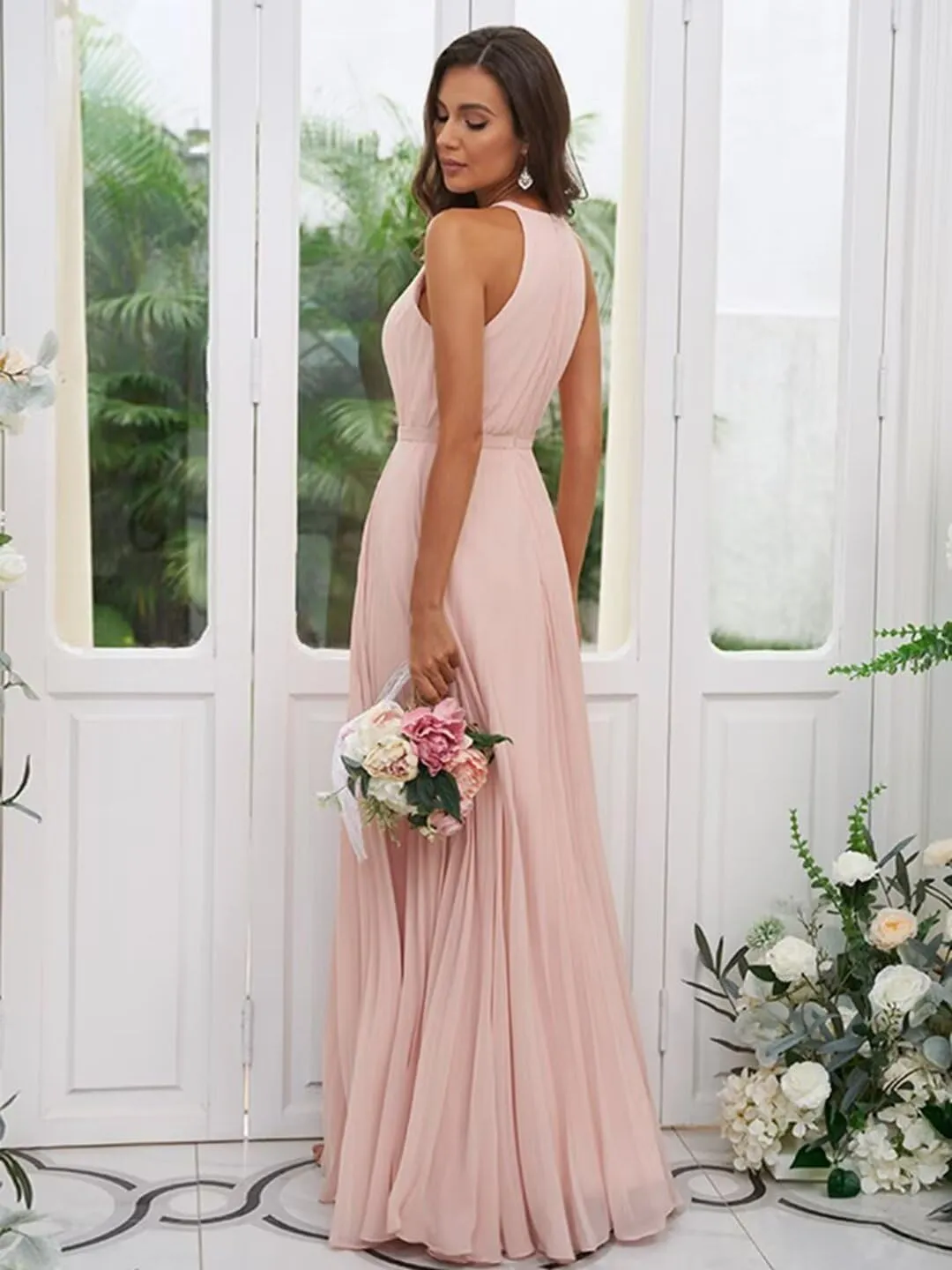 AUMEELAM Halter Bridesmaid Dresses for Women Chiffon Ruched Evening Party Gowns Long Sleeveless Formal Dresses