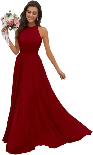 AUMEELAM Halter Bridesmaid Dresses for Women Chiffon Ruched Evening Party Gowns Long Sleeveless Formal Dresses