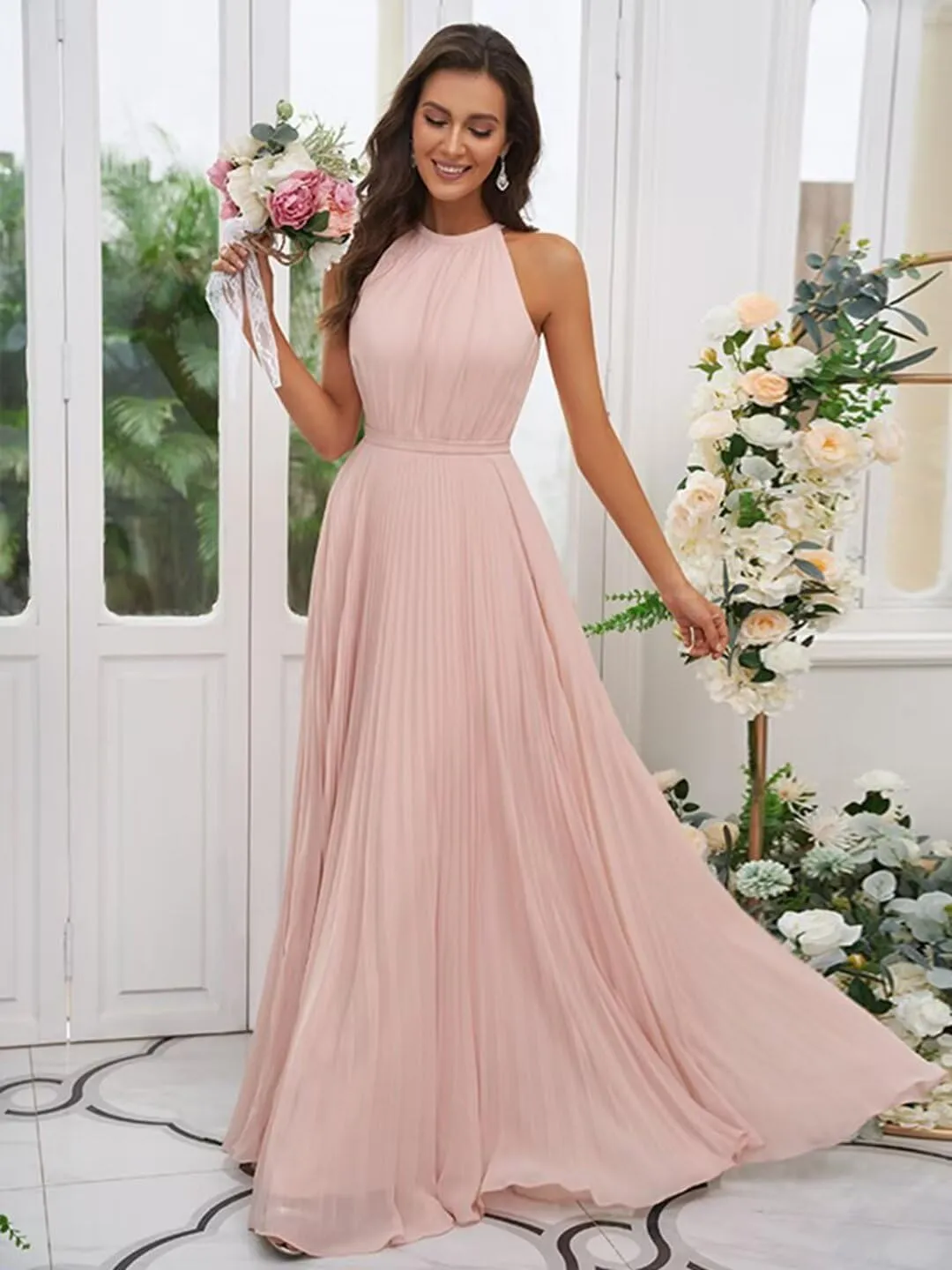AUMEELAM Halter Bridesmaid Dresses for Women Chiffon Ruched Evening Party Gowns Long Sleeveless Formal Dresses