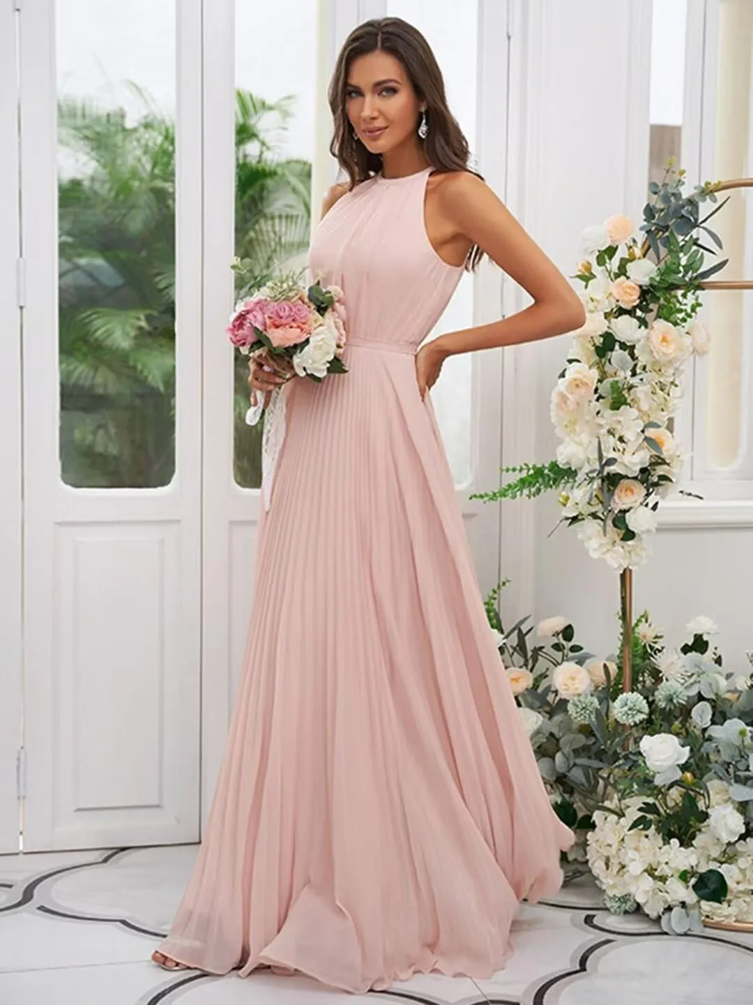 AUMEELAM Halter Bridesmaid Dresses for Women Chiffon Ruched Evening Party Gowns Long Sleeveless Formal Dresses