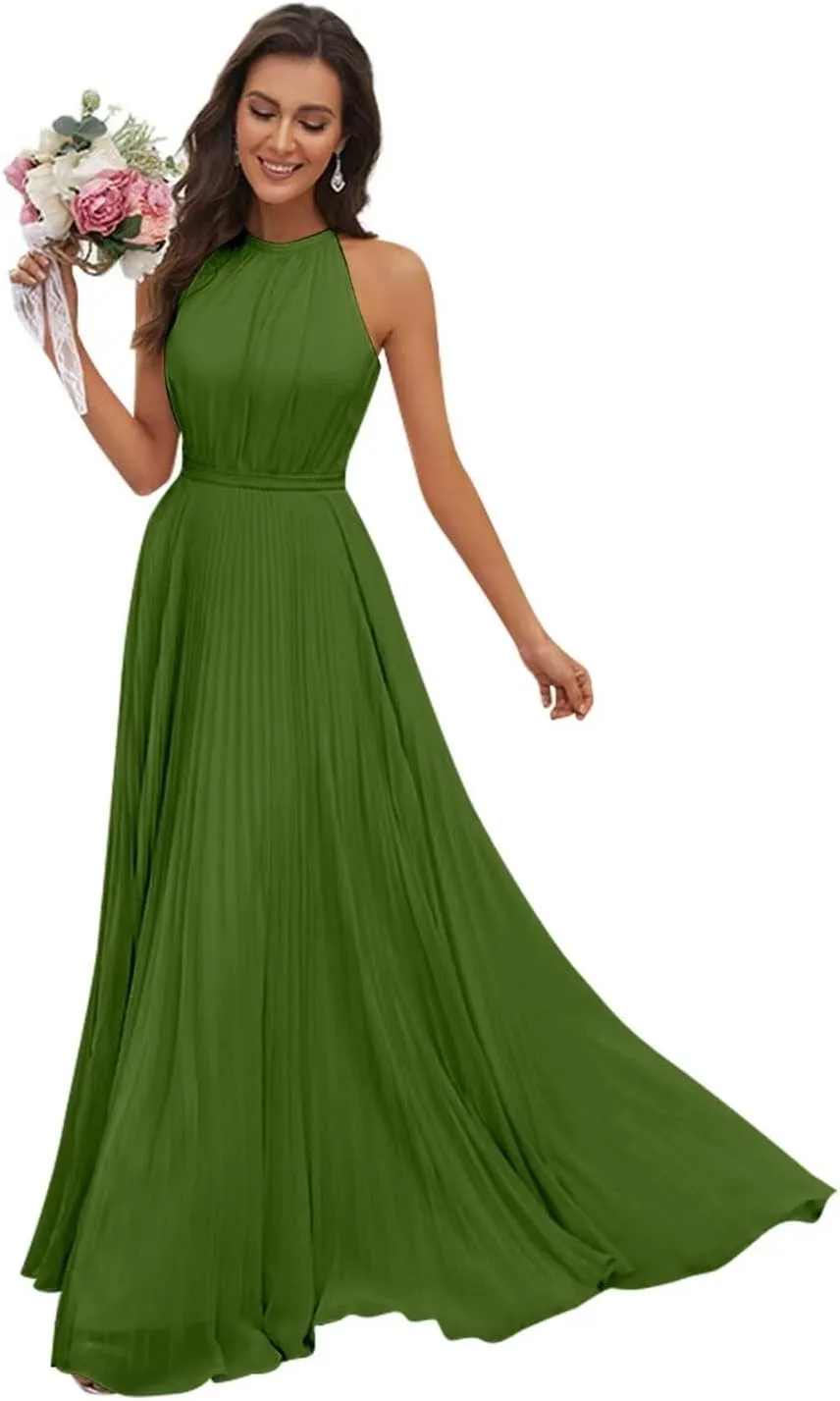 AUMEELAM Halter Bridesmaid Dresses for Women Chiffon Ruched Evening Party Gowns Long Sleeveless Formal Dresses