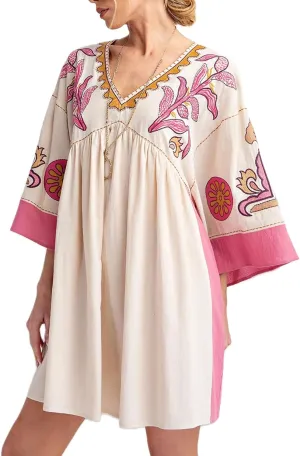 Awoscut Summer Floral Dresses for Women Casual Loose Fit Flared Short Sleeve Boho Holiday Beach Dress Vintage Sundress