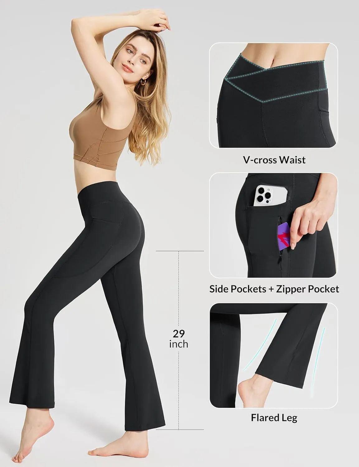 baleaf Women's Flare Leggings with Zipper Pockets Crossover High Waist Bootcut Yoga Pants Tummy Control Bell Bottom Leggings