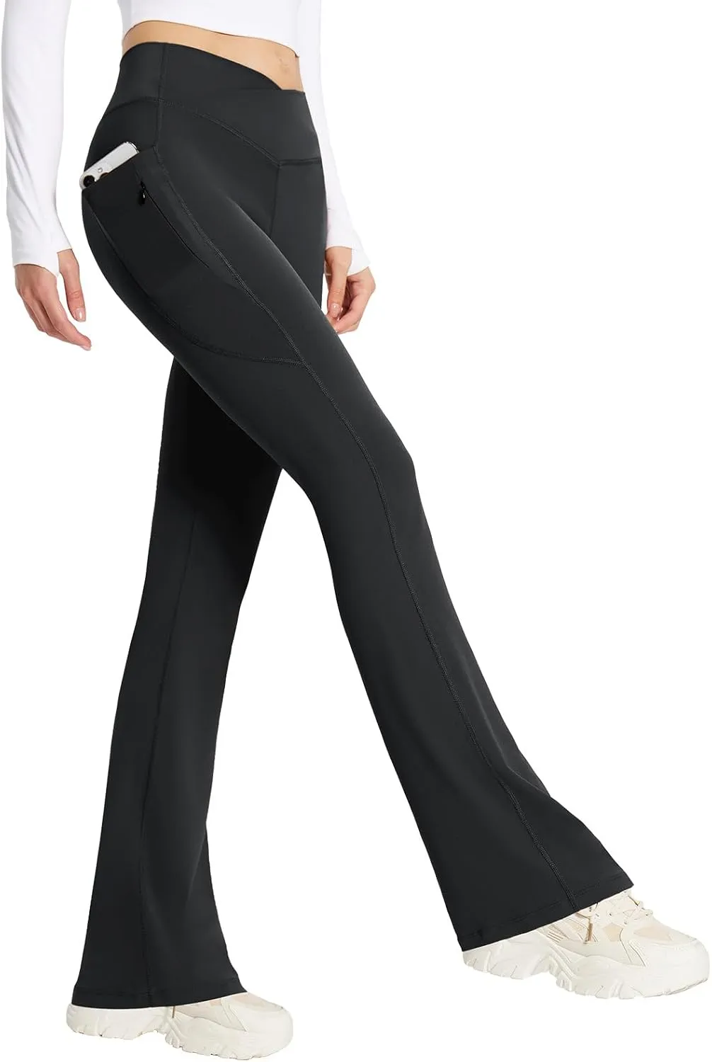 baleaf Women's Flare Leggings with Zipper Pockets Crossover High Waist Bootcut Yoga Pants Tummy Control Bell Bottom Leggings
