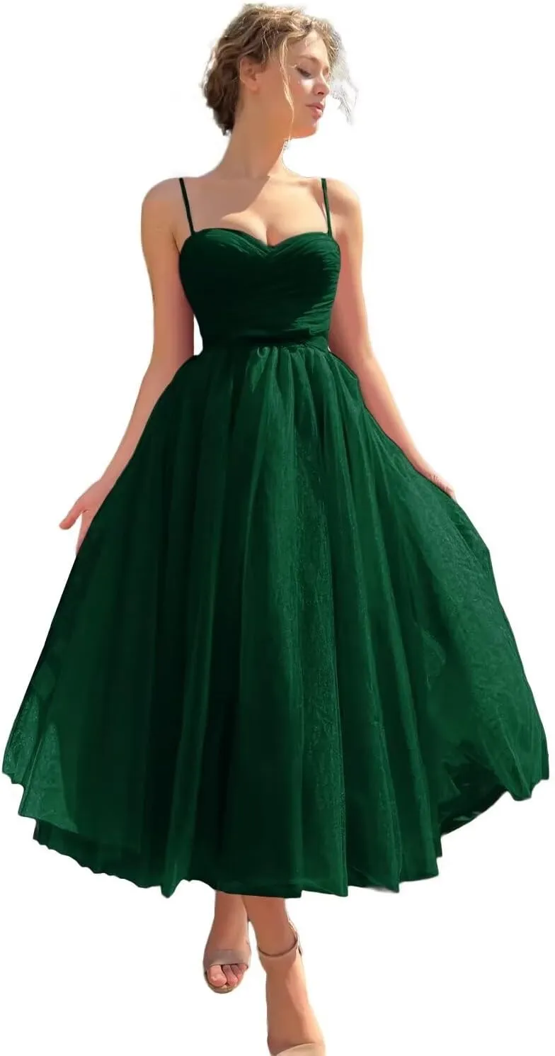 Basgute Tulle Tea Length Prom Dresses for Women Corset Sweetheart Spaghetti Straps Teens Formal Evening Party Gowns
