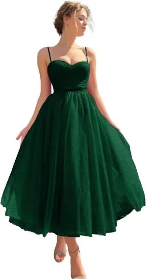 Basgute Tulle Tea Length Prom Dresses for Women Corset Sweetheart Spaghetti Straps Teens Formal Evening Party Gowns