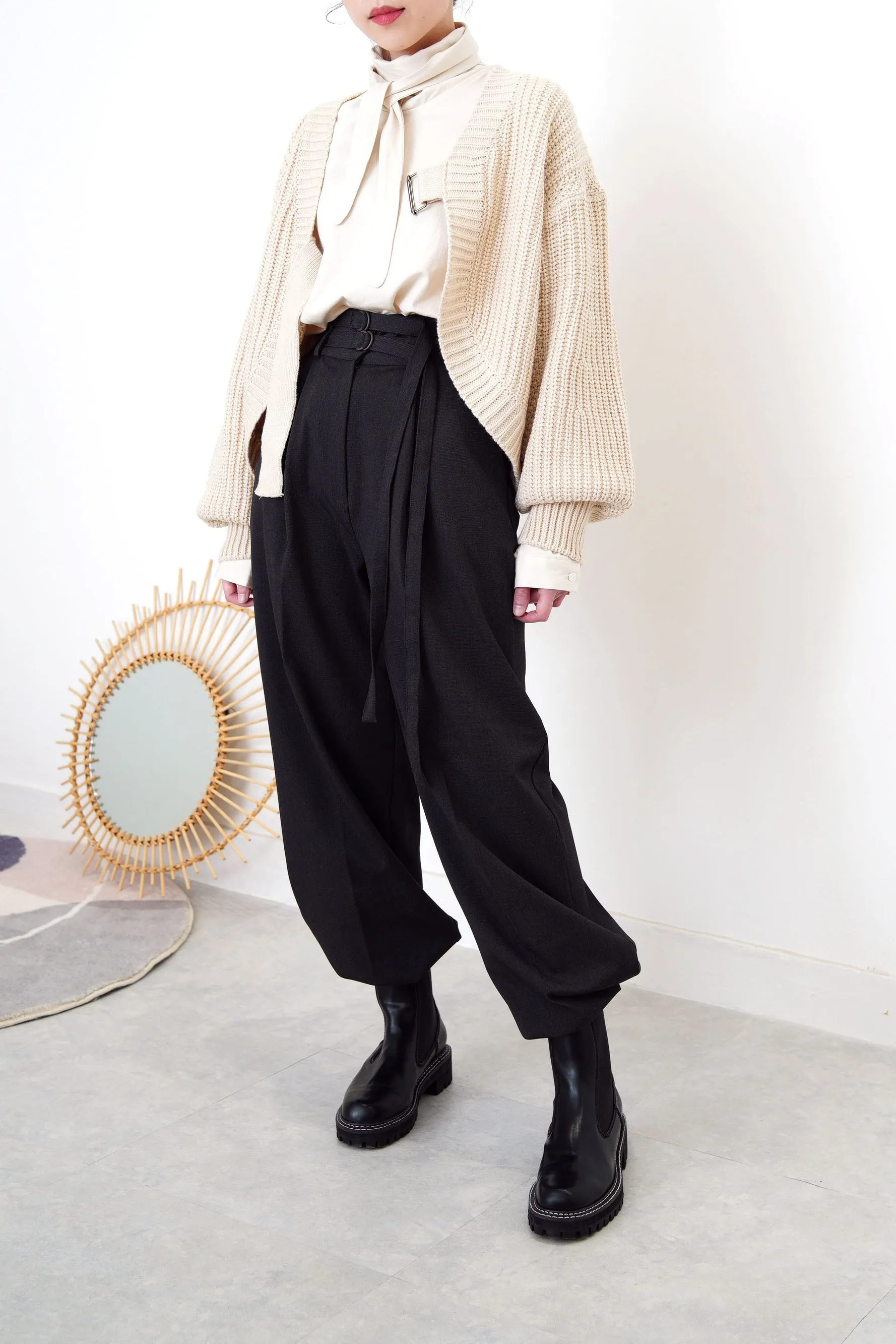 Beige knit cardigan in strap buckle