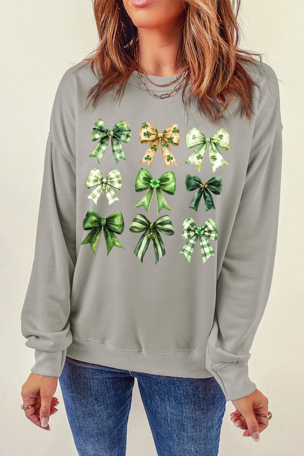 Bow Graphic Plain Crew Neck St Patrick Pullover Sweatshirt