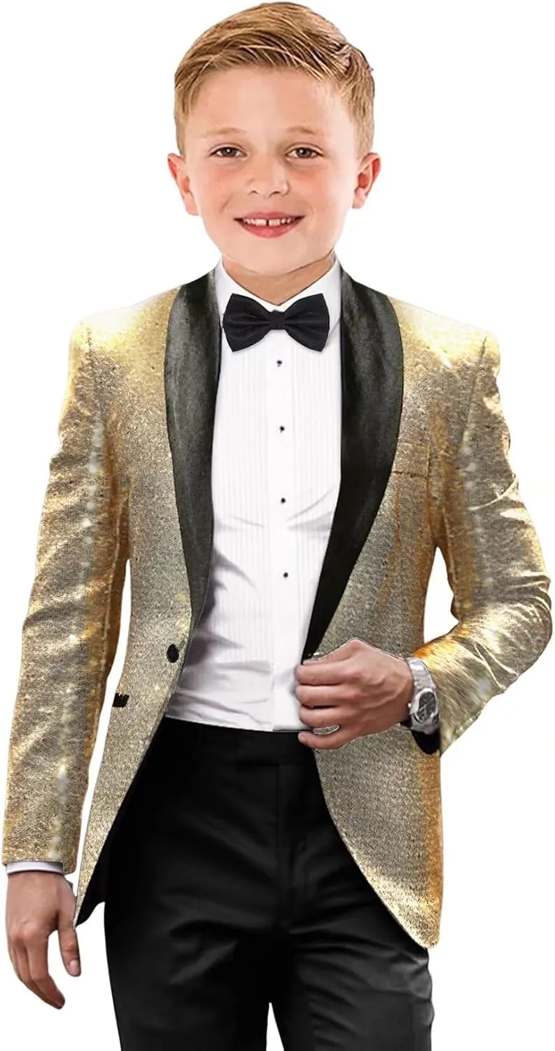 Boys Tuxedo Shiny Sequins Suit for Kids Slim Fit 2 Piece Formal Prom Dress Clothes Blazer Pants Bowtie