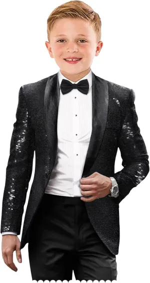 Boys Tuxedo Shiny Sequins Suit for Kids Slim Fit 2 Piece Formal Prom Dress Clothes Blazer Pants Bowtie