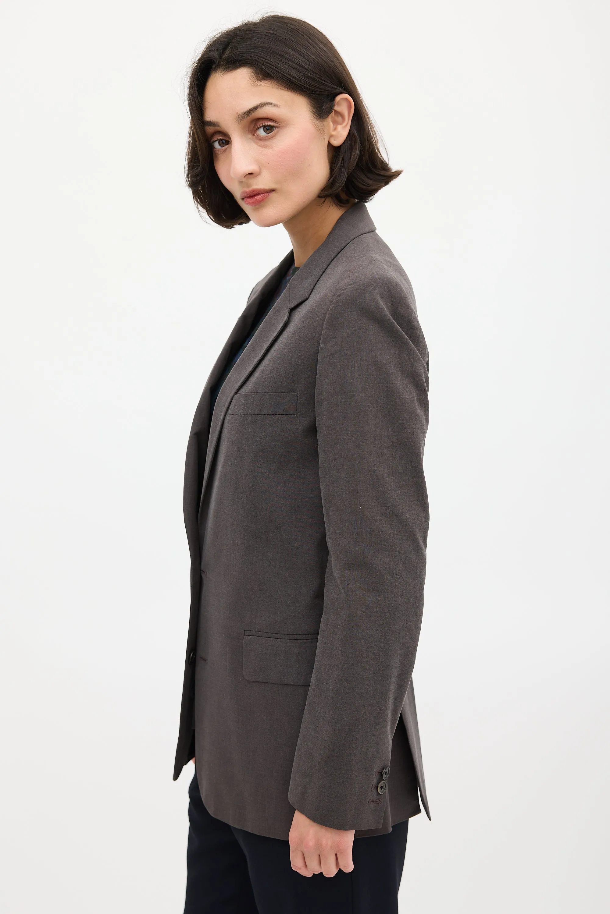 Brown Cotton Inverted Button Blazer