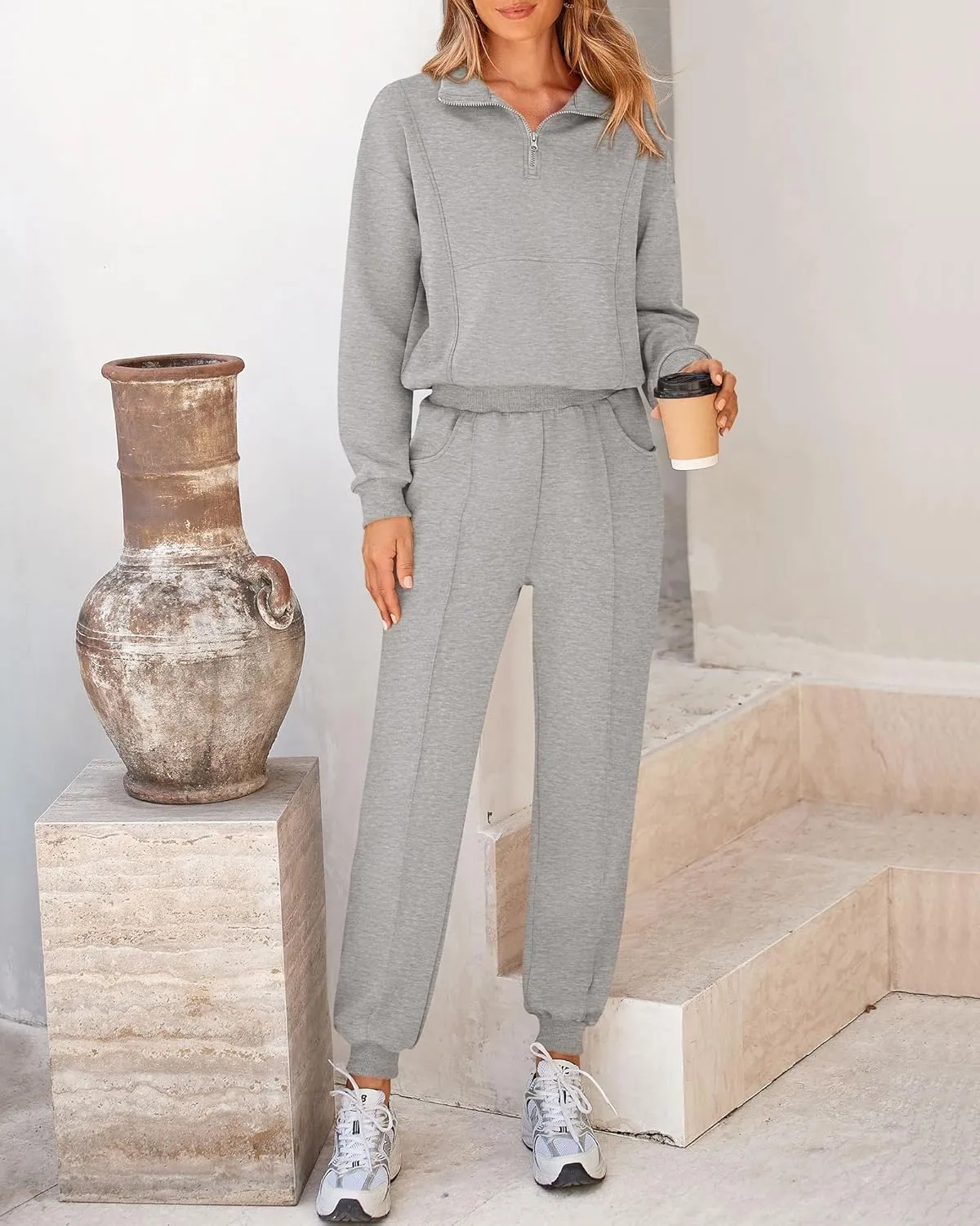 BTFBM Women 2024 Two Piece Tracksuits Sweatsuits Fall Winter Clothes Quarter Zip Sweatshirt Jogger Pants Y2K Lounge Sets