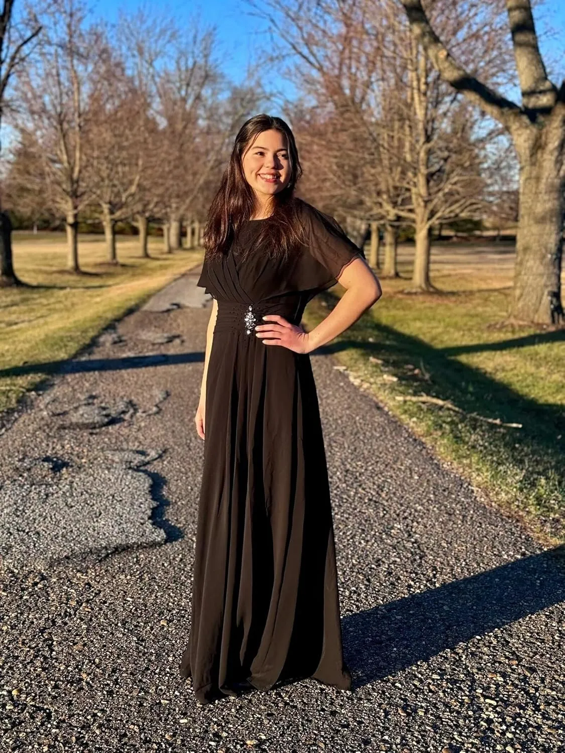 Chiffon Mother of The Bride Dresses for Wedding Long Ruched Crew Neck Bridesmaid Dresses with Sleeve QA221