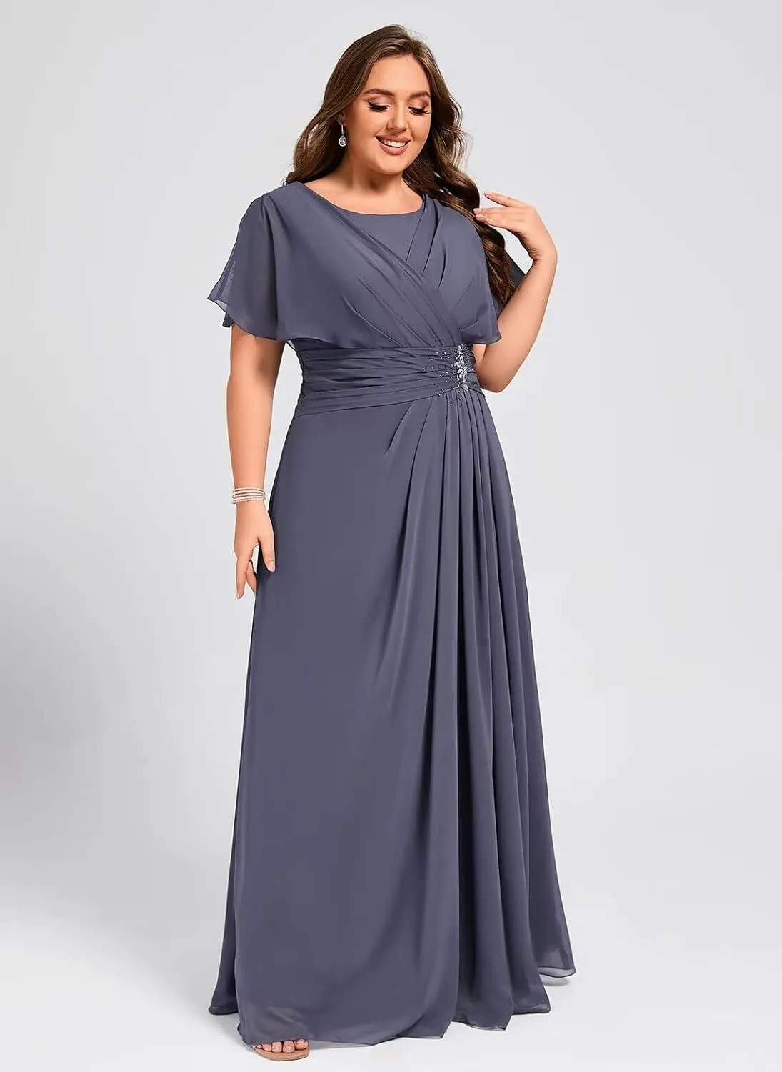Chiffon Mother of The Bride Dresses for Wedding Long Ruched Crew Neck Bridesmaid Dresses with Sleeve QA221