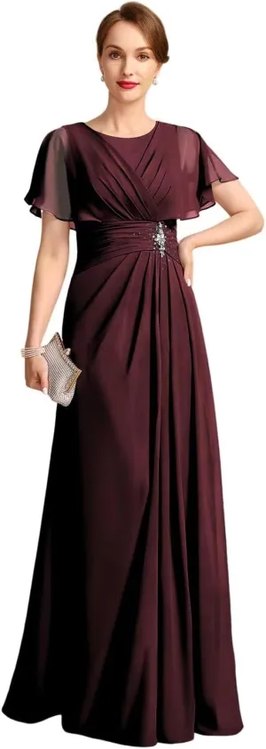 Chiffon Mother of The Bride Dresses for Wedding Long Ruched Crew Neck Bridesmaid Dresses with Sleeve QA221