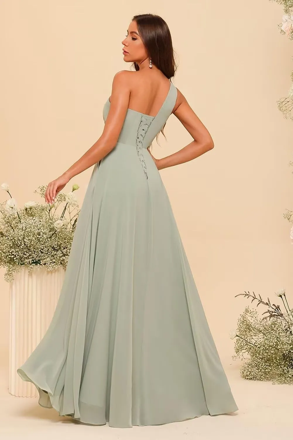 Chiffon One Shoulder Bridesmaid Dress with Pleated Bodice Long A Line Formal Dresses for Women AD004