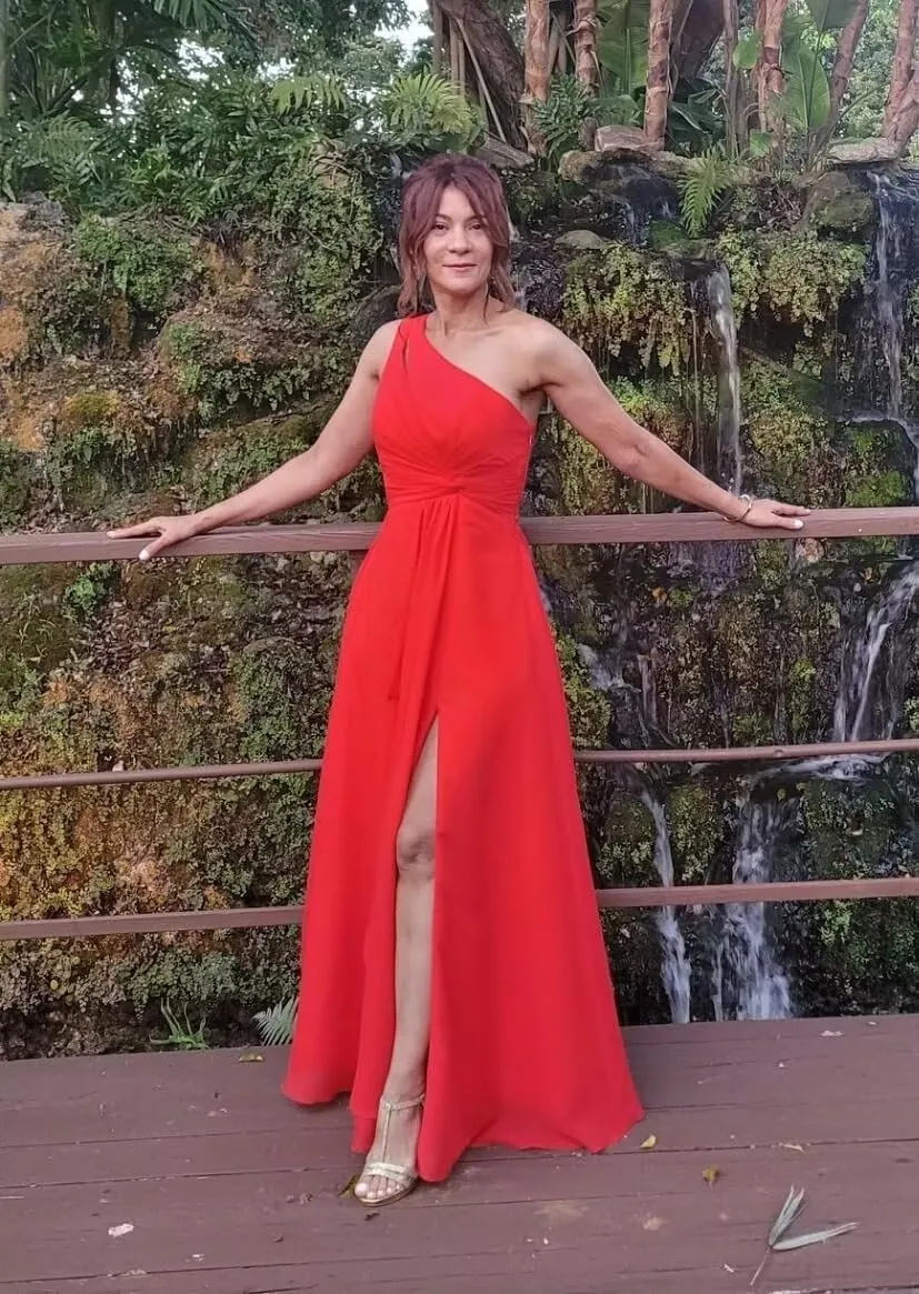 Chiffon One Shoulder Bridesmaid Dress with Pleated Bodice Long A Line Formal Dresses for Women AD004