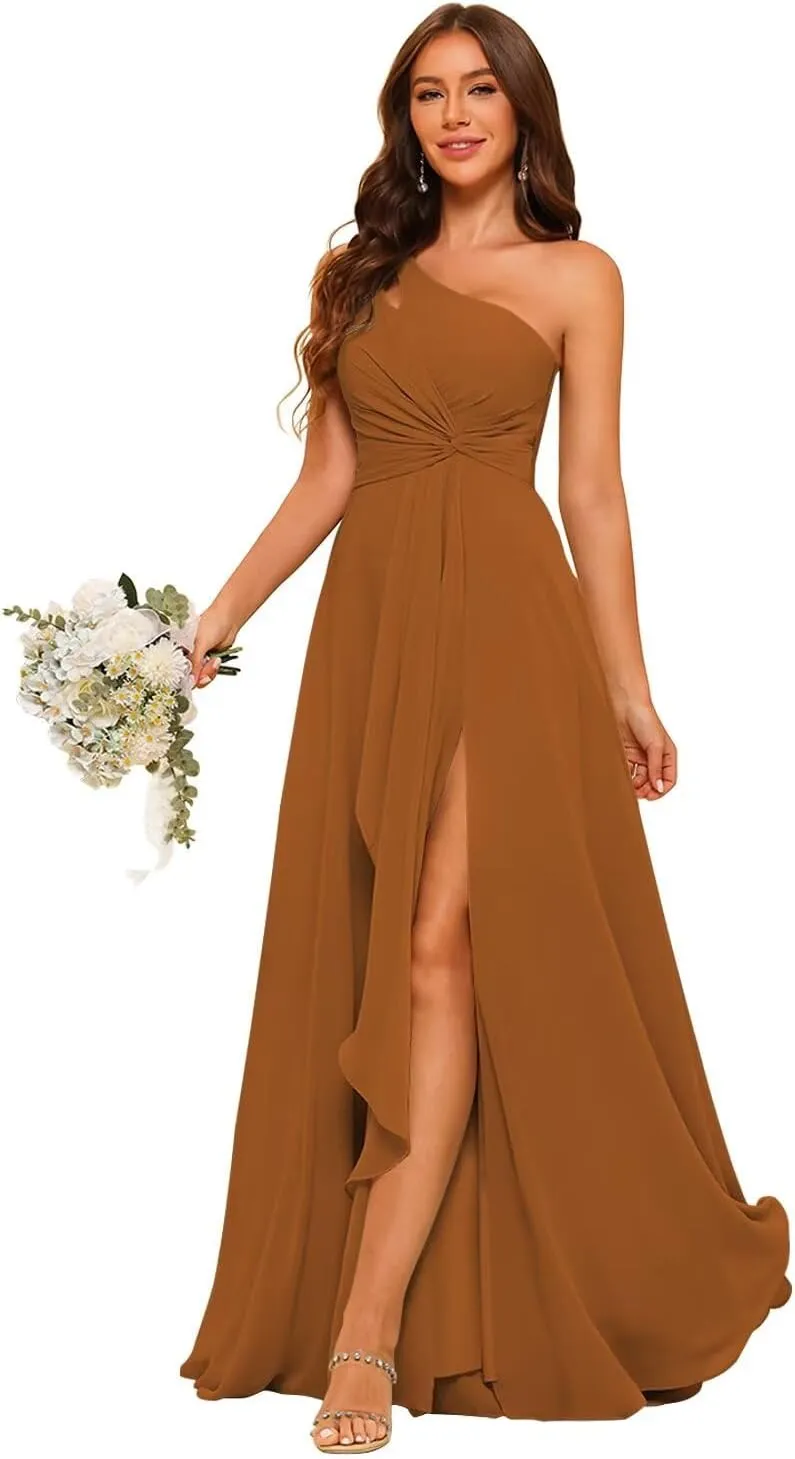 Chiffon One Shoulder Bridesmaid Dress with Pleated Bodice Long A Line Formal Dresses for Women AD004