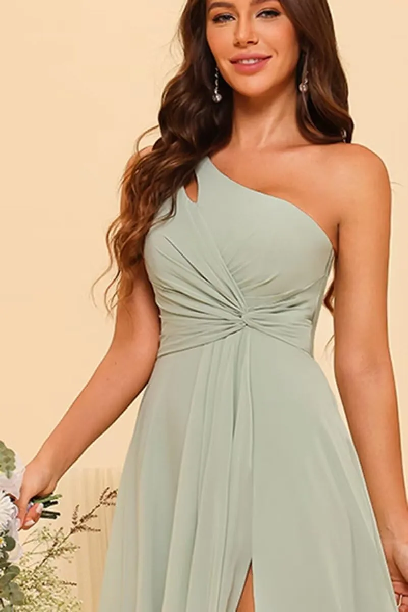 Chiffon One Shoulder Bridesmaid Dress with Pleated Bodice Long A Line Formal Dresses for Women AD004