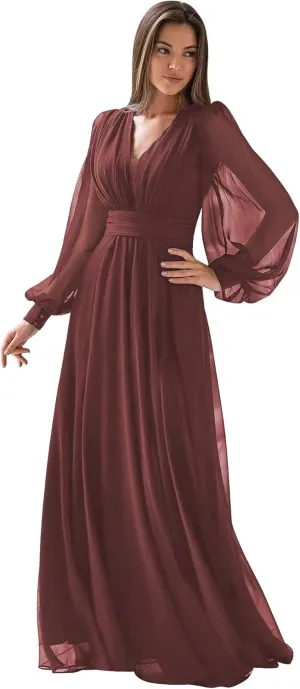 Chiffon Puffy Long Sleeve Bridesmaid Dresses 2023 Long V-Neck Formal Evening Wedding Dress for Women