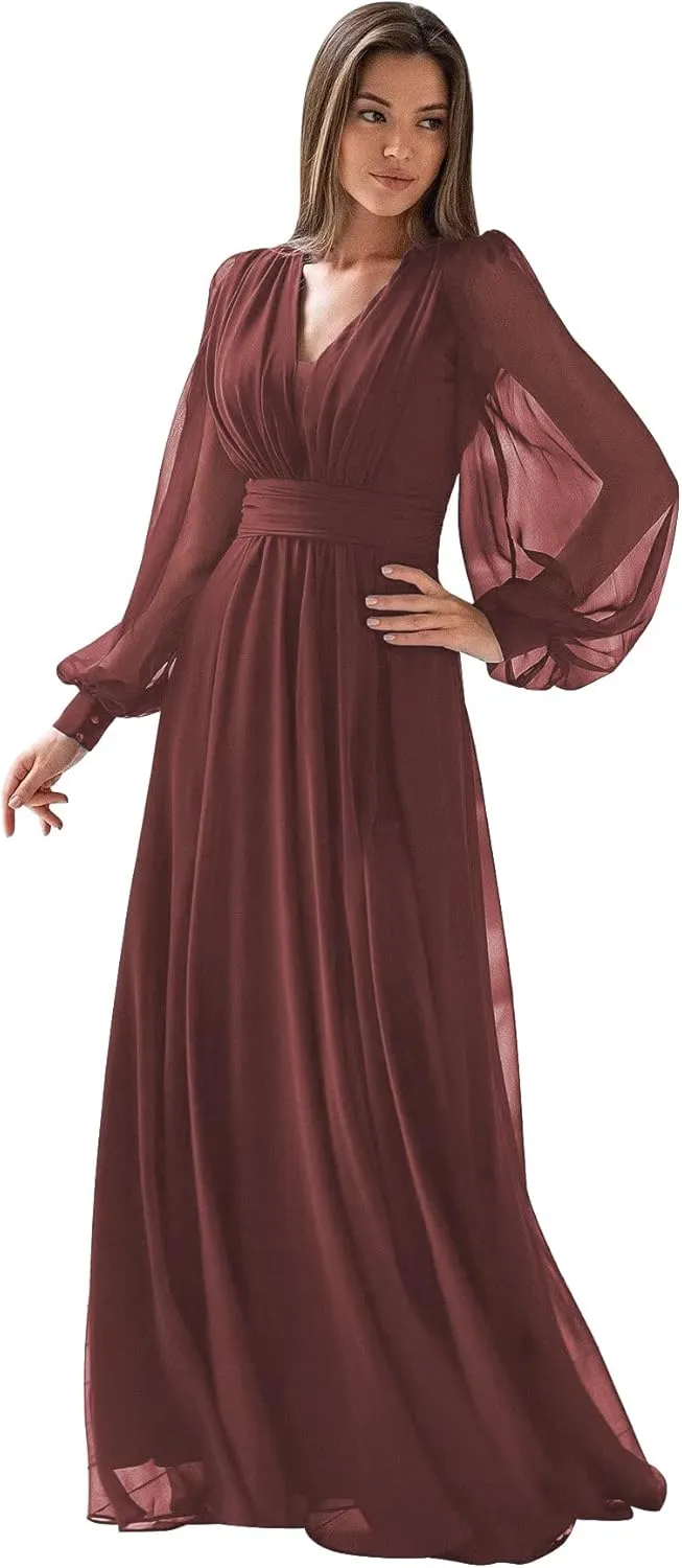 Chiffon Puffy Long Sleeve Bridesmaid Dresses 2023 Long V-Neck Formal Evening Wedding Dress for Women