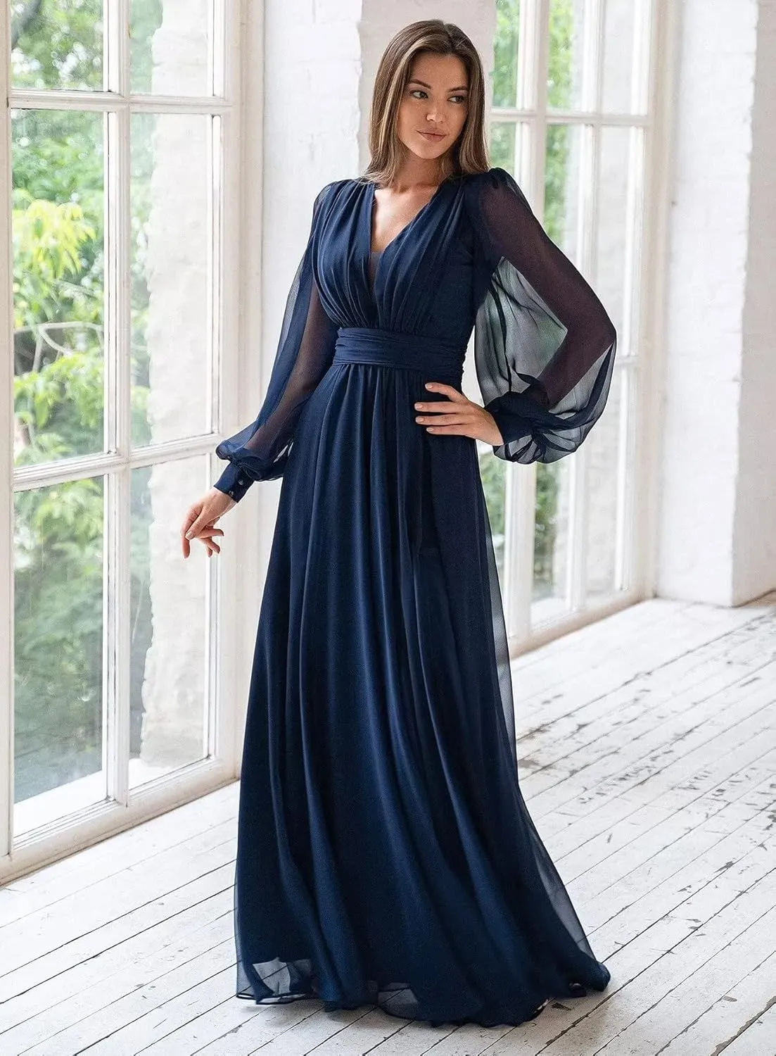 Chiffon Puffy Long Sleeve Bridesmaid Dresses 2023 Long V-Neck Formal Evening Wedding Dress for Women