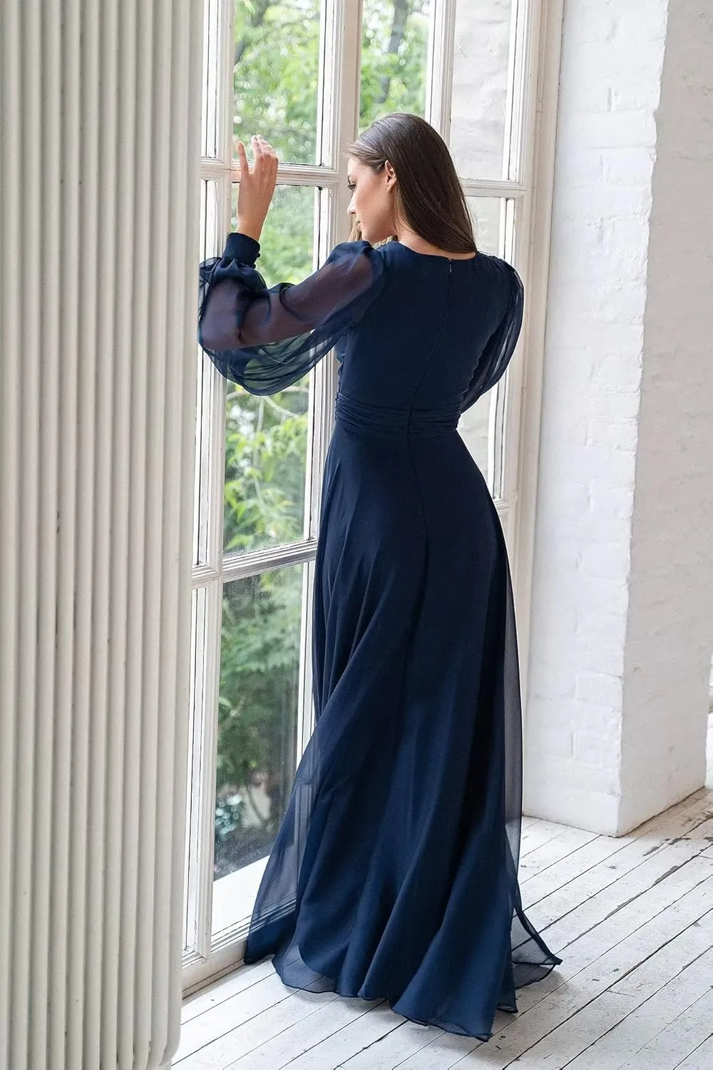 Chiffon Puffy Long Sleeve Bridesmaid Dresses 2023 Long V-Neck Formal Evening Wedding Dress for Women